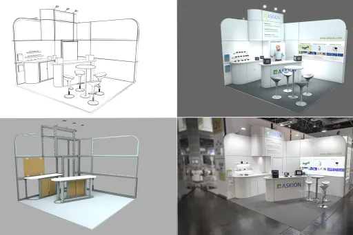 Vier Ansichten eines Messestands: Skizzen, 3D-Modelle und ein Foto auf einer Messe.