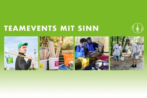 Menschen arbeiten gemeinsam draußen an verschiedenen Projekten, grün-weißer Hintergrund.