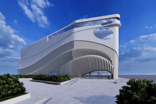 Architektur-Rendering der geschwungenen weißen Außenfassade von OCEAN BERLIN an der Rummelsburger Bucht, mit wellenförmigen Lamellen, großzügiger Terrasse und blauem Himmel.