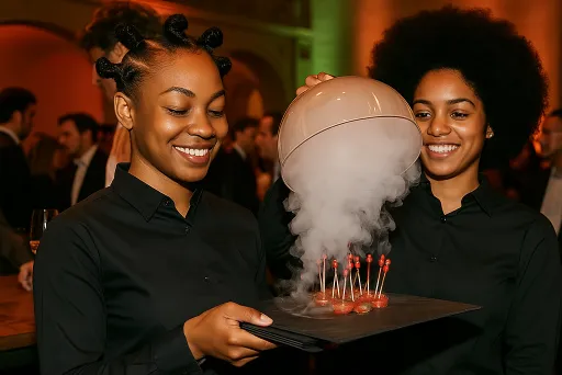 Zwei Frauen servieren Rauch umhüllte Häppchen auf einem Tablett bei einem eleganten Event.