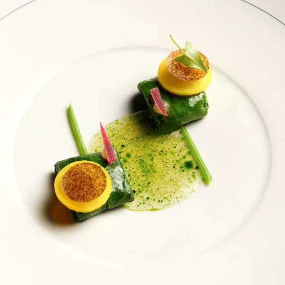 Künstlerisch angerichtetes Gourmetgericht mit gelbem Ei, grünem Püree und Kräuterdeko.