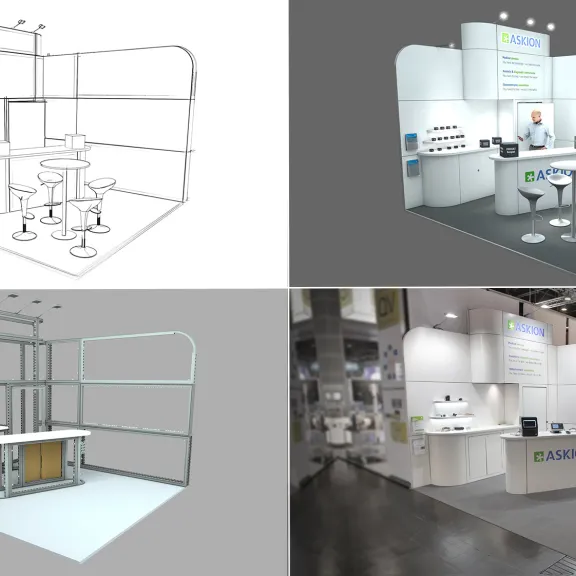 Vier Ansichten eines Messestands: Skizzen, 3D-Modelle und ein Foto auf einer Messe.