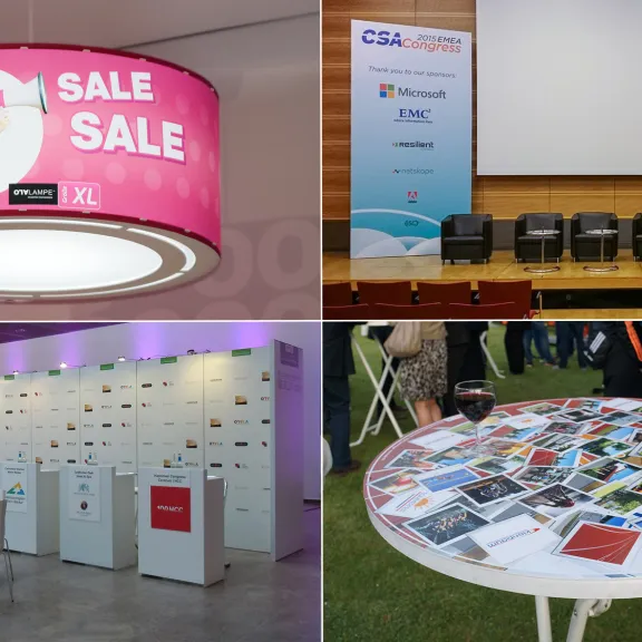 Collage aus vier Bildern: Sale-Leuchte, Konferenzbühne, Messebereich, runder Tisch mit Flyern.