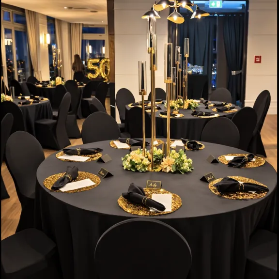 Elegant gedeckter Tisch mit schwarzer Tischdecke, goldenen Tellern und Kerzenständern.