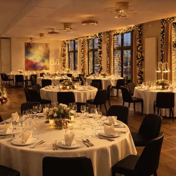 Festlich gedeckter Saal mit runden Tischen, Weihnachtsbaum und Lichterketten am Fenster.