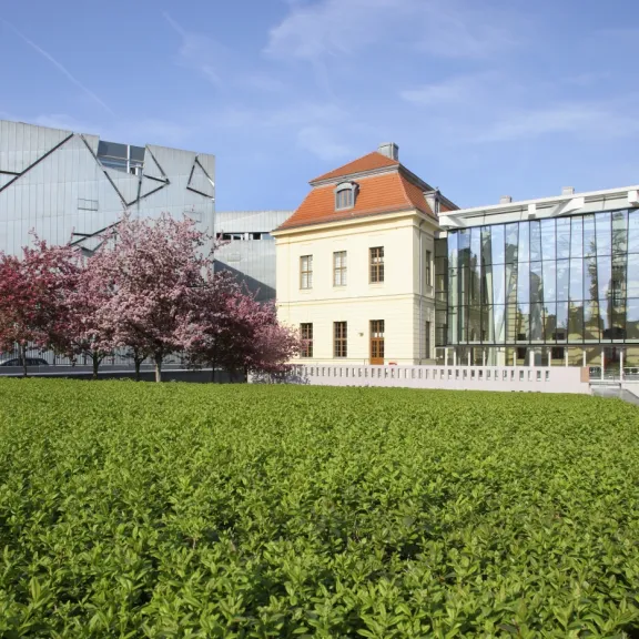 Moderne und historische Gebäude mit Glasfassade, davor blühende Bäume und grüne Hecke.