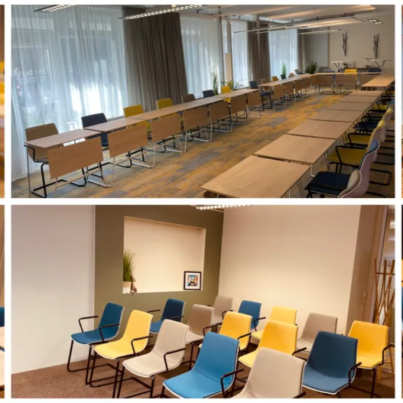 Verschiedene moderne Besprechungs- und Seminarräume mit bunten Stühlen und Technik.