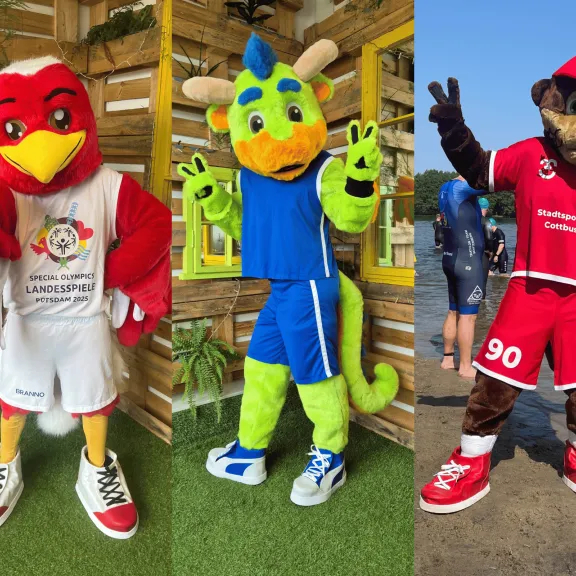 Drei bunte Maskottchen in Sportkleidung posieren fröhlich nebeneinander.