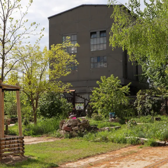 Großes graues Gebäude hinter grünem Garten mit Bäumen und Blumen.