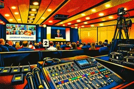 Tonstudio mit Mischpult, Kameras und Publikum bei einer Konferenz in einem modernen Raum.
