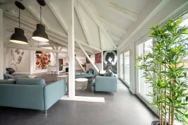 Modernes Loft mit blauen Sofas, großen Fenstern, Kunstwerken und einer grünen Pflanze.