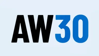 Logo mit schwarzem "AW" und blauer "30" auf hellem Hintergrund.