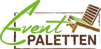 Logo mit grünem Schriftzug "Event" und braunem Schriftzug "Paletten" neben Liegestuhl.