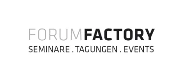 Logo: FORUMFACTORY, seminars, conferences, events in black lettering on a white background.