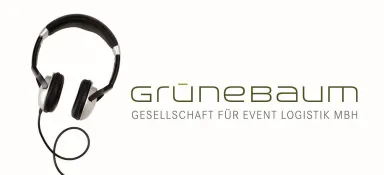Logo mit Kopfhörer und dem Text „grünebaum Gesellschaft für Event Logistik mbH“.