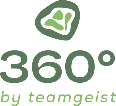 Logo mit grünem Symbol und Text "360° by teamgeist" in grüner Schrift.