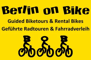 Logo mit drei stilisierten Radfahrern und Text zu Fahrradtouren in Berlin auf gelbem Hintergrund.