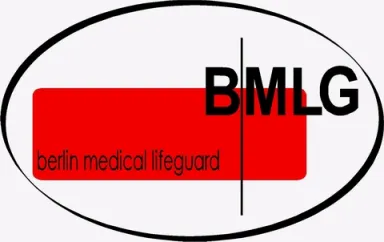 BMLG text with "berlin medical lifeguard" on a red rectangle inside a black oval outline.