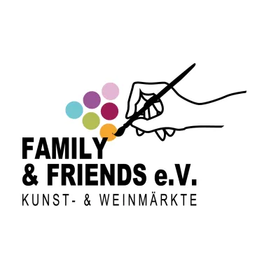 Logo with a hand holding a paintbrush, colored dots, and the text "Family &amp; Friends e.V."