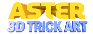 Logo mit gelbem "ASTER" und blauem "3D TRICK ART" in 3D-Schrift.