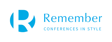 Logo mit weißem „R“ auf blauem Hintergrund und blauem Text „Remember – Conferences in Style“.