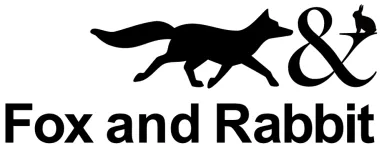 Logo mit Silhouette eines Fuchses, Hase sitzt auf einem großen &-Zeichen, Text „Fox and Rabbit“.