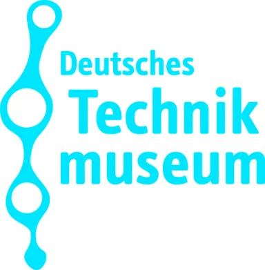 Logo des Deutschen Technikmuseums in Türkis mit stilisiertem Molekül links.