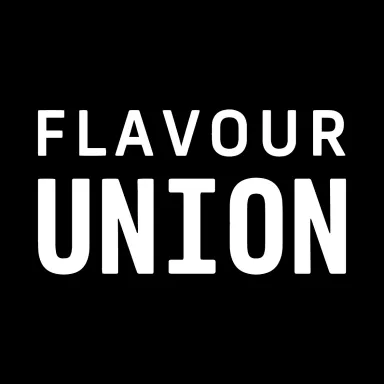 Schwarz-weißes Logo mit dem Text "FLAVOUR UNION" in Großbuchstaben.