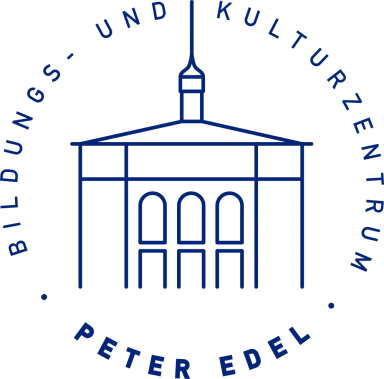 Logo des Bildungs- und Kulturzentrums PETER EDEL - es zeigt eine Linienzeichnung des großen Festsaals, einen Bestandteil des Gebäudeensembles