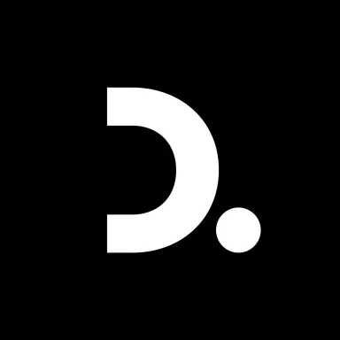 Weißes D und Punkt auf schwarzem Hintergrund, minimalistisches Logodesign.