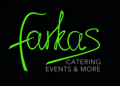 Logo mit grünem Schriftzug „farkas“ und Text „Catering Events & More“ auf schwarzem Hintergrund.