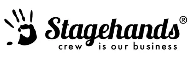 Logo mit schwarzem Handabdruck und Text "Stagehands crew is our business".
