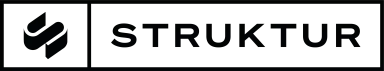 Schwarzes STRUKTUR-Logo mit stilisiertem Blatt-Symbol links.