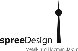 Logo mit Fernsehturm-Silhouette und Text "spreeDesign, Metall- und Holzmanufaktur".
