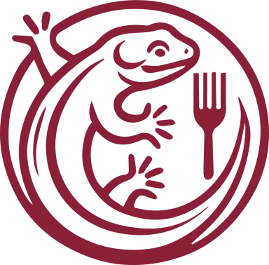Rotes Logo mit stilisiertem Gecko und Gabel in einem Kreis