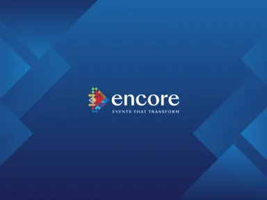 Logo von Encore auf blauem, geometrischem Hintergrund
