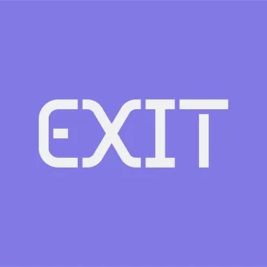Grafik mit weißem Schriftzug "EXIT" auf lila Hintergrund
