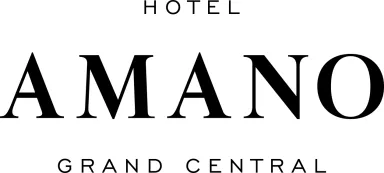Logo: Hotel AMANO Grand Central in schwarzer Schrift auf weißem Hintergrund.